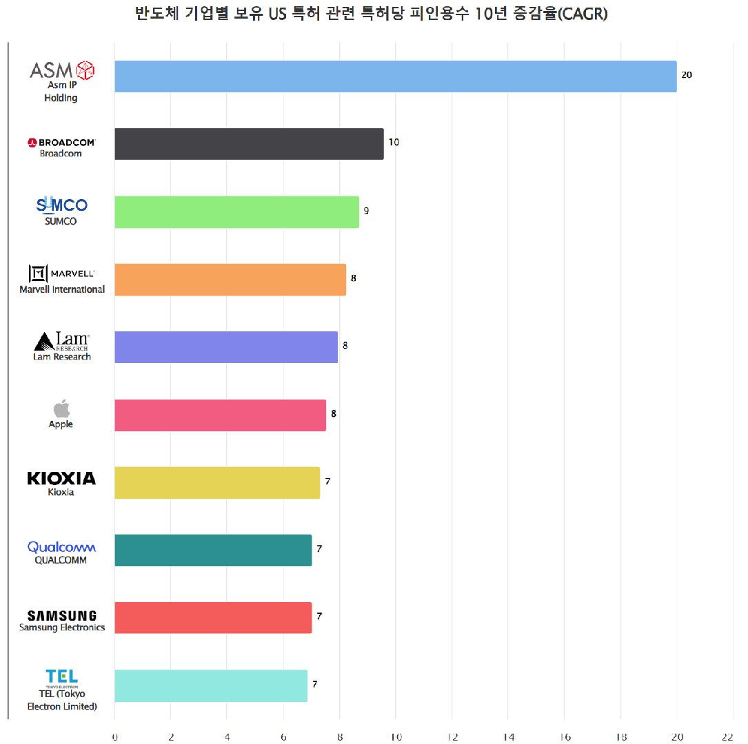 [글로벌 top 반도체 기업 보유 특허의 특허당 심사관 피인용수 10년 CAGR(연평균 증가율)이 높은 기업]