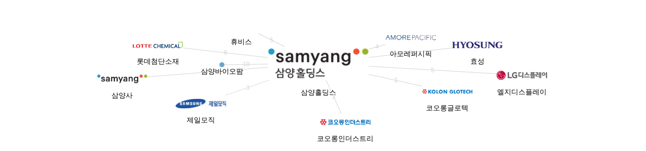 삼양홀딩스 보유 KR 특허를 피인용forward citation하는 후행 특허 보유 기업 네트워크 데이터 기준일 20240101 그림
