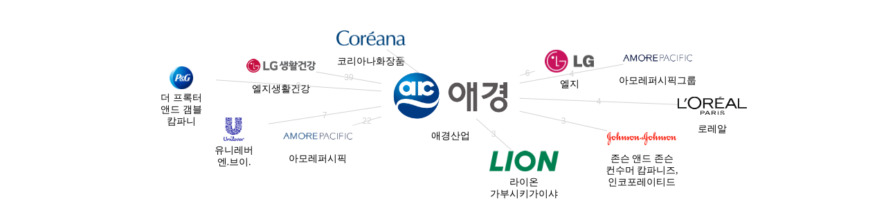 애경산업 보유 KR 특허가 인용reference하는 선행 특허 보유 기업 네트워크 데이터 기준일 20240101 그림
