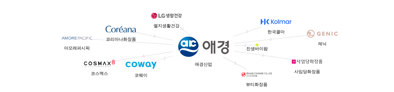 애경산업 보유 KR 특허가 거절시키는데 사용된 후행 특허 보유 기업 네트워크 데이터 기준일 20240101 그림