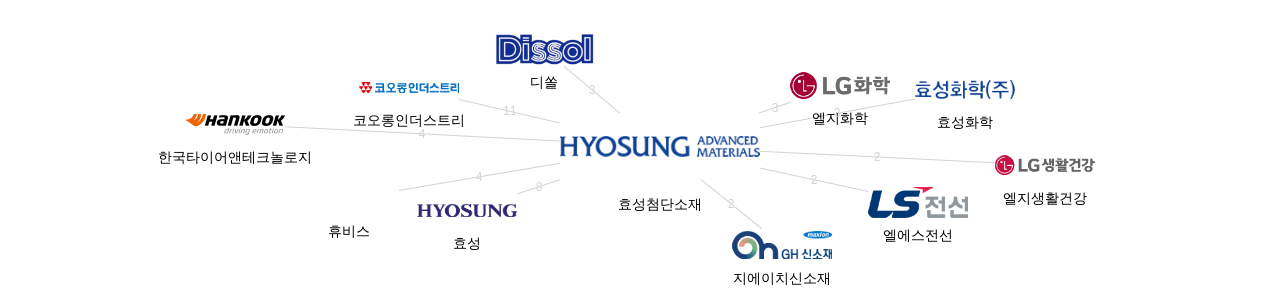 효성첨단소재 보유 KR 특허가 거절시키는데 사용된 후행 특허 보유 기업 네트워크 데이터 기준일 20240101 그림