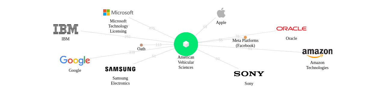 American Vehicular Sciences 보유 US 특허를 거절시키는데 사용된 선행 특허 보유 기업 네트워크 데이터 기준일 20240101 그림