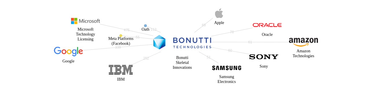 Bonutti Skeletal Innovations 보유 US 특허를 거절시키는데 사용된 선행 특허 보유 기업 네트워크 데이터 기준일 20240101 그림