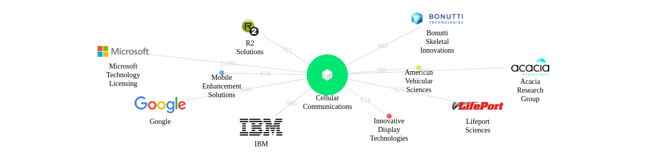 Cellular Communications 보유 US 특허가 인용reference하는 선행 특허 보유 기업 네트워크 데이터 기준일 20240101 그림