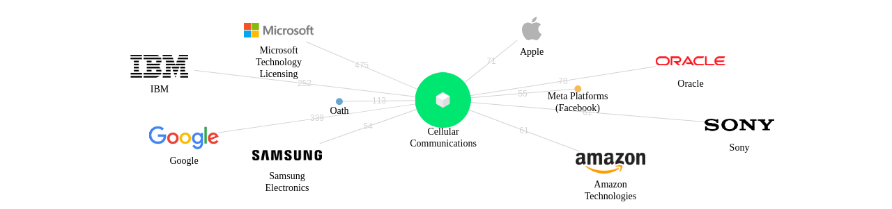 Cellular Communications 보유 US 특허를 거절시키는데 사용된 선행 특허 보유 기업 네트워크 데이터 기준일 20240101 그림