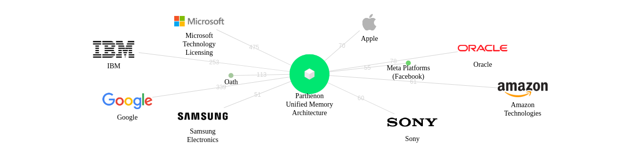 Parthenon Unified Memory Architecture 보유 US 특허를 거절시키는데 사용된 선행 특허 보유 기업 네트워크 데이터 기준일 20240101 그림