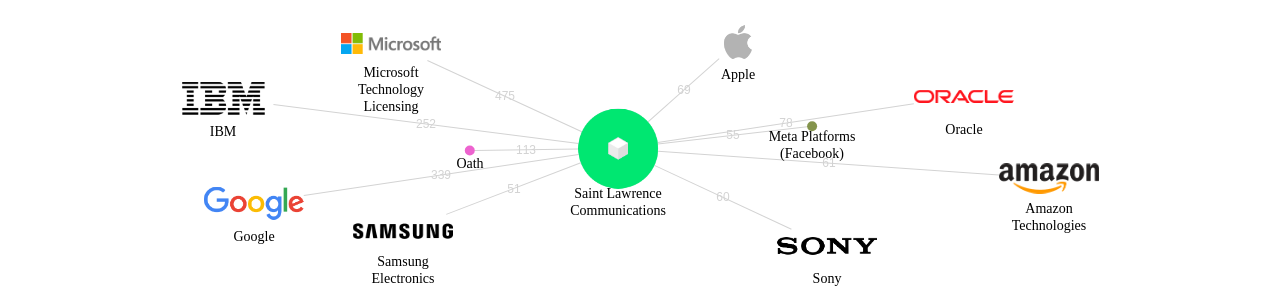 Saint Lawrence Communications 보유 US 특허를 거절시키는데 사용된 선행 특허 보유 기업 네트워크 데이터 기준일 20240101 그림