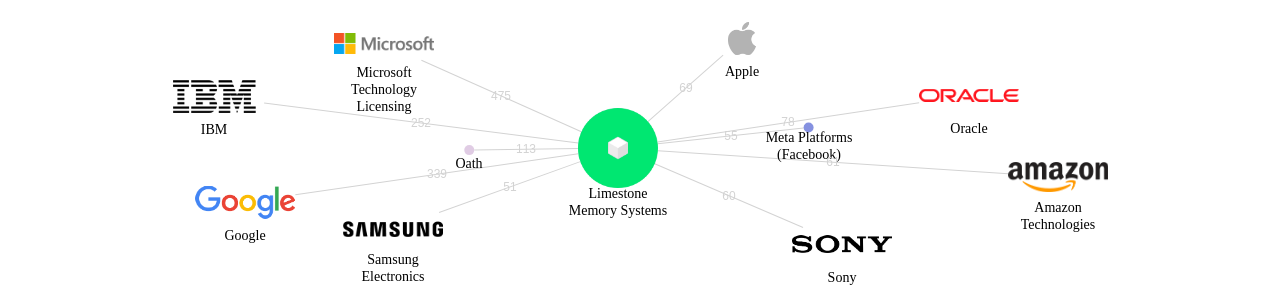 Limestone Memory Systems 보유 US 특허를 거절시키는데 사용된 선행 특허 보유 기업 네트워크 데이터 기준일 20240101 그림