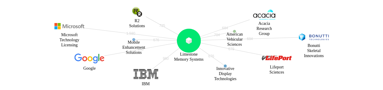 Limestone Memory Systems 보유 US 특허가 인용reference하는 선행 특허 보유 기업 네트워크 데이터 기준일 20240101 그림