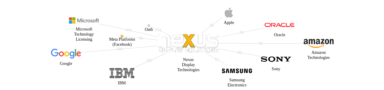 Nexus Display Technologies 보유 US 특허를 거절시키는데 사용된 선행 특허 보유 기업 네트워크 데이터 기준일 20240101 그림