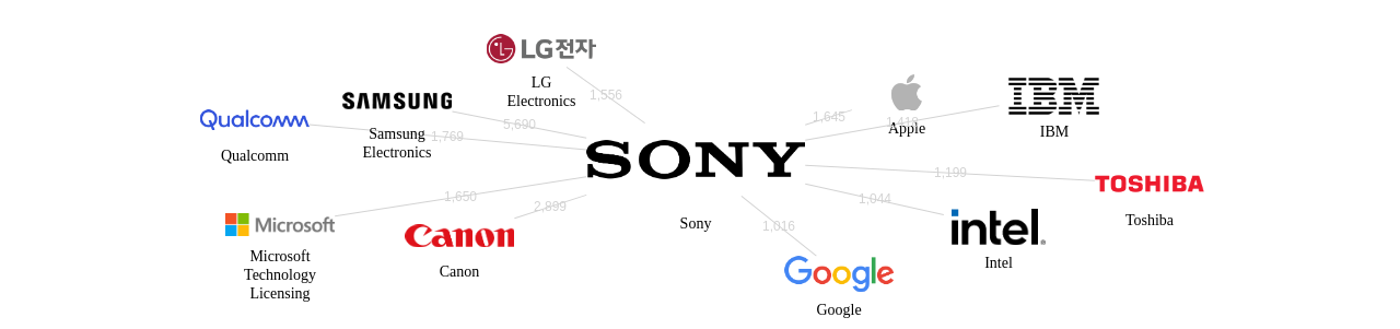 소니 보유 US 특허가 거절시키는데 사용된 후행 특허 보유 기업 네트워크 데이터 기준일 20240101 그림