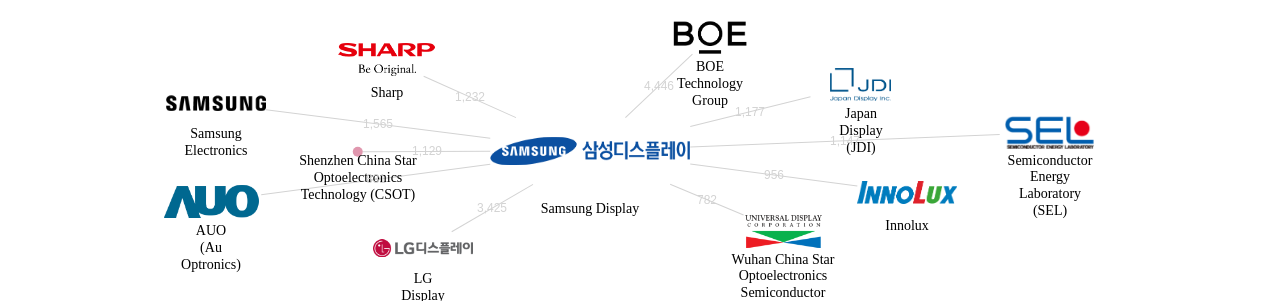 삼성디스플레이 보유 US 특허가 거절시키는데 사용된 후행 특허 보유 기업 네트워크 데이터 기준일 20240101 그림