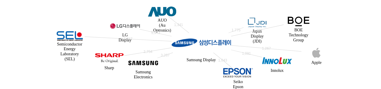 삼성디스플레이 보유 US 특허를 거절시키는데 사용된 선행 특허 보유 기업 네트워크 데이터 기준일 20240101 그림