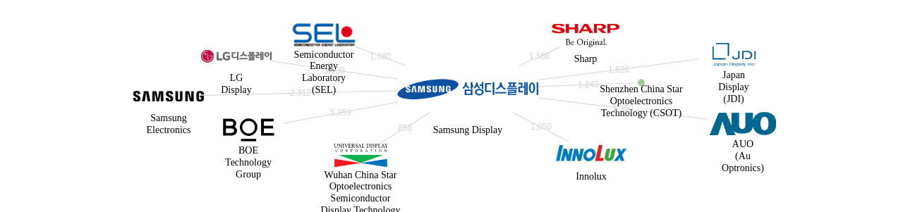 삼성디스플레이 보유 US 특허를 피인용forward citation하는 후행 특허 보유 기업 네트워크 데이터 기준일 20240101 그림