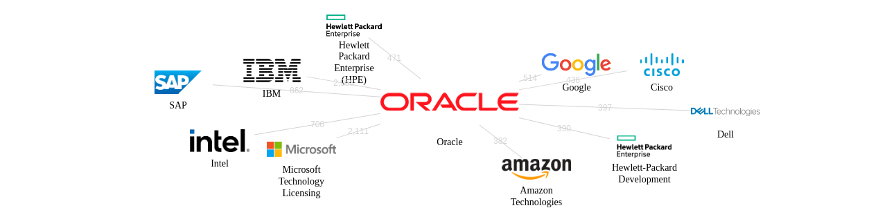 오라클 보유 US 특허를 거절시키는데 사용된 선행 특허 보유 기업 네트워크 데이터 기준일 20240101 그림