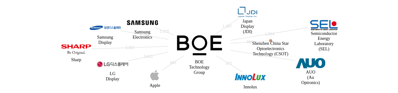 BOE 보유 US 특허가 인용reference하는 선행 특허 보유 기업 네트워크 데이터 기준일 20240101 그림