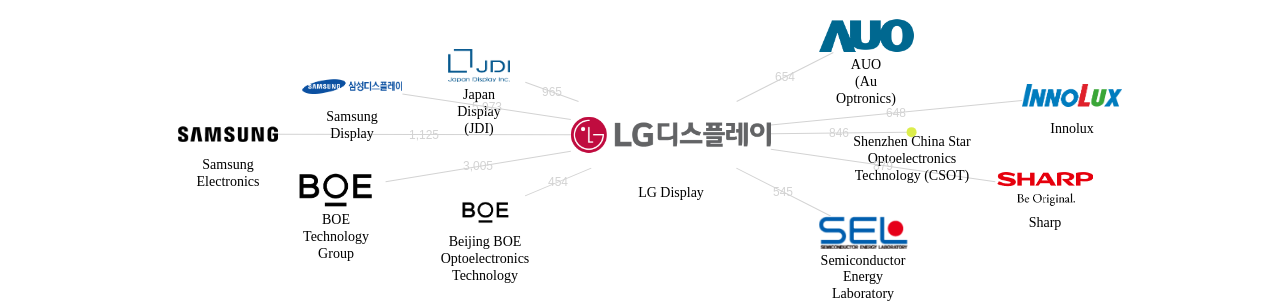 LG디스플레이 보유 US 특허가 거절시키는데 사용된 후행 특허 보유 기업 네트워크 데이터 기준일 20240101 그림