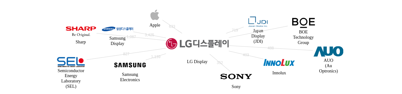 LG디스플레이 보유 US 특허를 거절시키는데 사용된 선행 특허 보유 기업 네트워크 데이터 기준일 20240101 그림