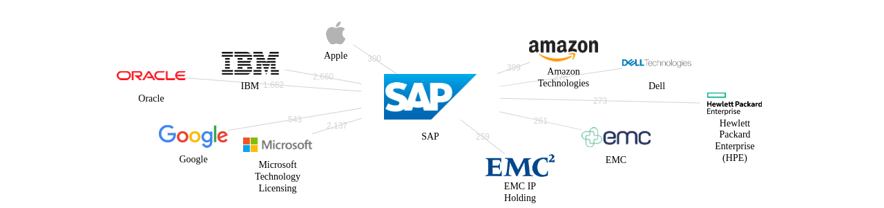 SAP 보유 US 특허를 거절시키는데 사용된 선행 특허 보유 기업 네트워크 데이터 기준일 20240101 그림