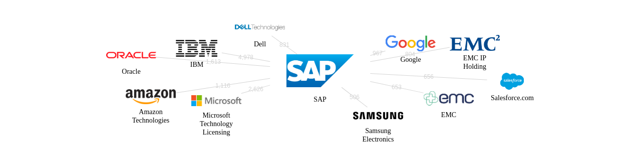 SAP 보유 US 특허를 피인용forward citation하는 후행 특허 보유 기업 네트워크 데이터 기준일 20240101 그림