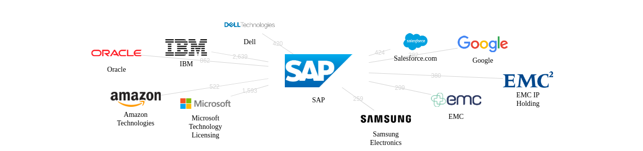 SAP 보유 US 특허가 거절시키는데 사용된 후행 특허 보유 기업 네트워크 데이터 기준일 20240101 그림
