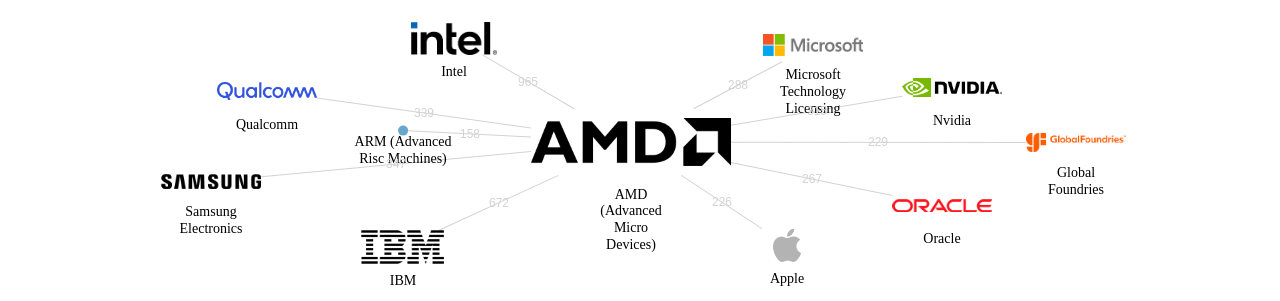 AMD 보유 US 특허를 거절시키는데 사용된 선행 특허 보유 기업 네트워크 데이터 기준일 20240101 그림