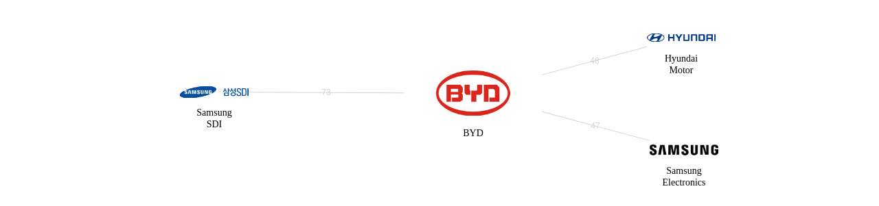 BYD 보유 US 특허가 인용reference하는 선행 특허 보유 한국 기업별 BYD 보유 후행 특허로부터 받은 심사관 레퍼런스수 네트워크 데이터 기준일 20240101 그림