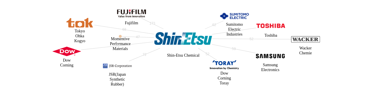 신에츠 화학 보유 US 특허를 거절시키는데 사용된 선행 특허 보유 기업 네트워크 데이터 기준일 20240101 그림