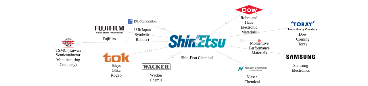 신에츠 화학 보유 US 특허가 거절시키는데 사용된 후행 특허 보유 기업 네트워크 데이터 기준일 20240101 그림