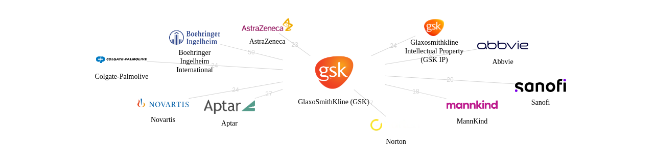 GSK 보유 US 특허가 거절시키는데 사용된 후행 특허 보유 기업 네트워크 데이터 기준일 20240101 그림