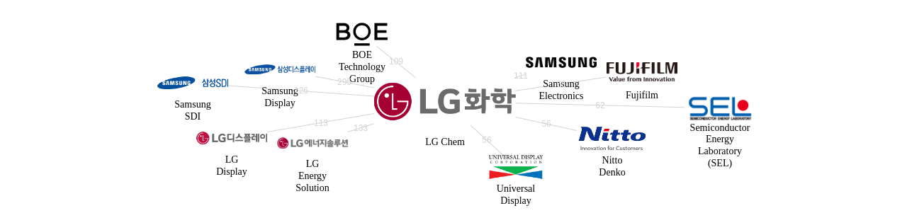 LG화학 보유 US 특허를 피인용forward citation하는 후행 특허 보유 기업 네트워크 데이터 기준일 20240101 그림