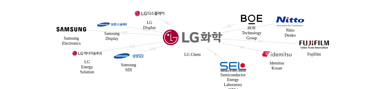LG화학 보유 US 특허가 거절시키는데 사용된 후행 특허 보유 기업 네트워크 데이터 기준일 20240101 그림
