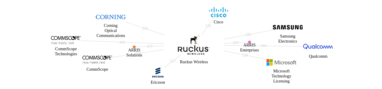 러커스 와이어리스 보유 US 특허를 거절시키는데 사용된 선행 특허 보유 기업 네트워크 데이터 기준일 20240101 그림