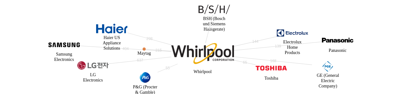 월풀 보유 US 특허를 거절시키는데 사용된 선행 특허 보유 기업 네트워크 데이터 기준일 20240101 그림