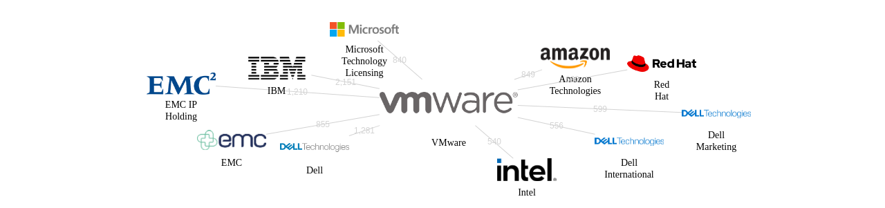 VM웨어 보유 US 특허를 피인용forward citation하는 후행 특허 보유 기업 네트워크 데이터 기준일 20240101 그림