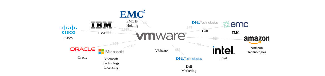 VM웨어 보유 US 특허가 인용reference하는 선행 특허 보유 기업 네트워크 데이터 기준일 20240101 그림