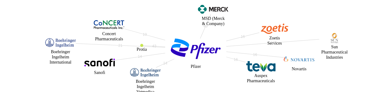 화이자 보유 US 특허가 거절시키는데 사용된 후행 특허 보유 기업 네트워크 데이터 기준일 20240101 그림