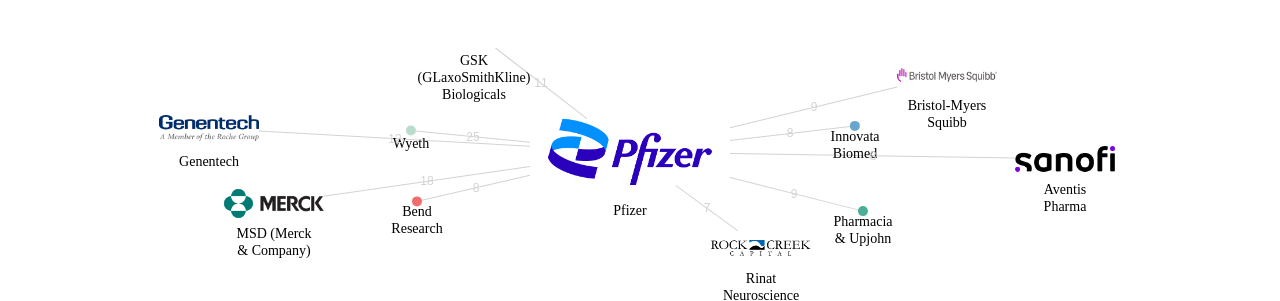 화이자 보유 US 특허를 거절시키는데 사용된 선행 특허 보유 기업 네트워크 데이터 기준일 20240101 그림