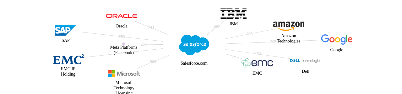 세일즈포스닷컴 보유 US 특허가 거절시키는데 사용된 후행 특허 보유 기업 네트워크 데이터 기준일 20240101 그림