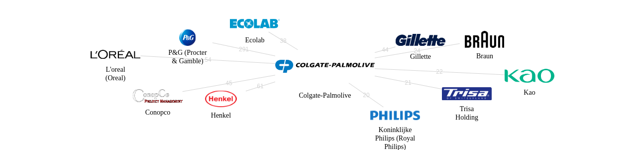 콜게이트팔모라이브 보유 US 특허가 거절시키는데 사용된 후행 특허 보유 기업 네트워크 데이터 기준일 20240101 그림