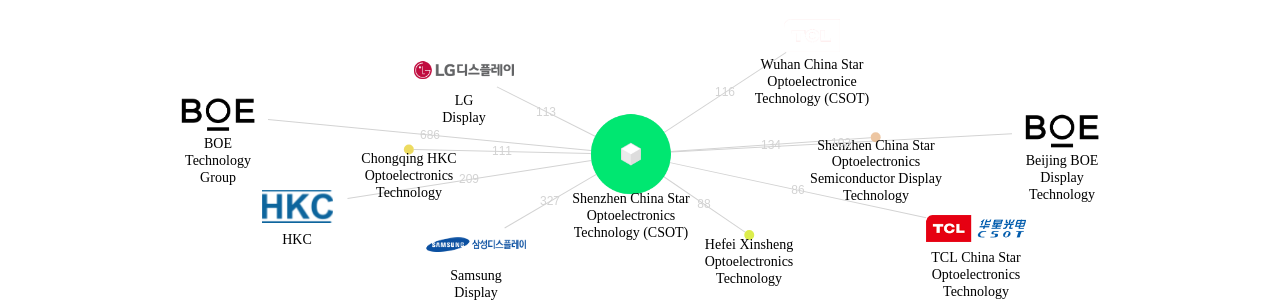 TCL CSOT 보유 US 특허가 거절시키는데 사용된 후행 특허 보유 기업 네트워크 데이터 기준일 20240101 그림