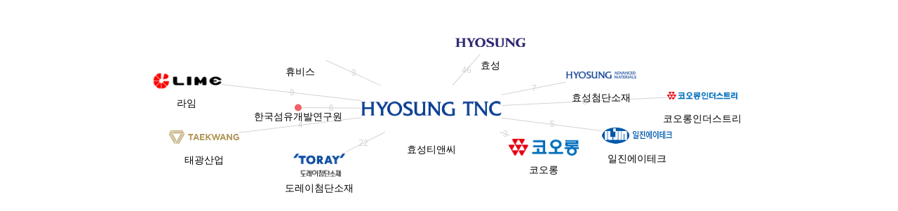 효성티앤씨 보유 한국 특허를 피인용forward citation하는 후행 특허 보유 한국 기업 네트워크 데이터 기준일 20240101 그림