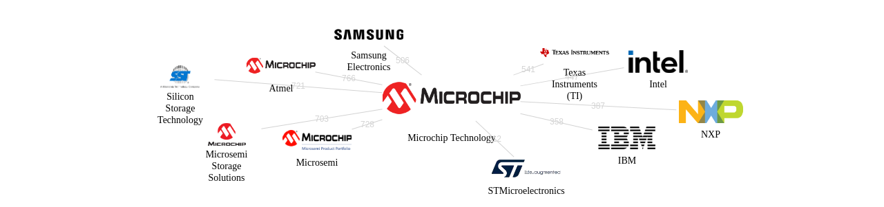 Microchip Technology 보유 US 특허를 피인용forward citation하는 후행 특허 보유 기업 네트워크 데이터 기준일 20240101 그림