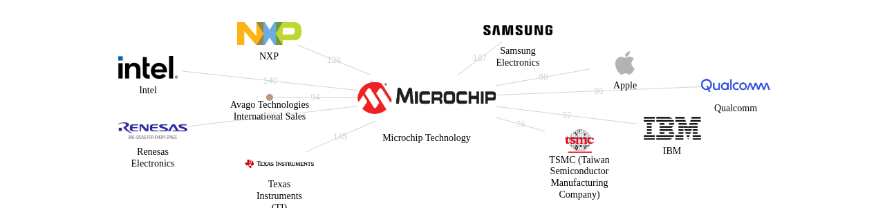 Microchip Technology 보유 US 특허를 거절시키는데 사용된 선행 특허 보유 기업 네트워크 데이터 기준일 20240101 그림