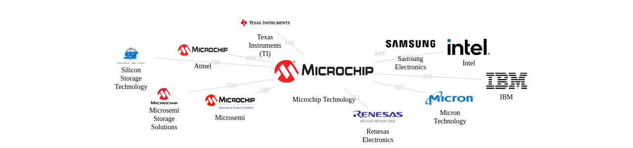 Microchip Technology 보유 US 특허가 인용reference하는 선행 특허 보유 기업 네트워크 데이터 기준일 20240101 그림
