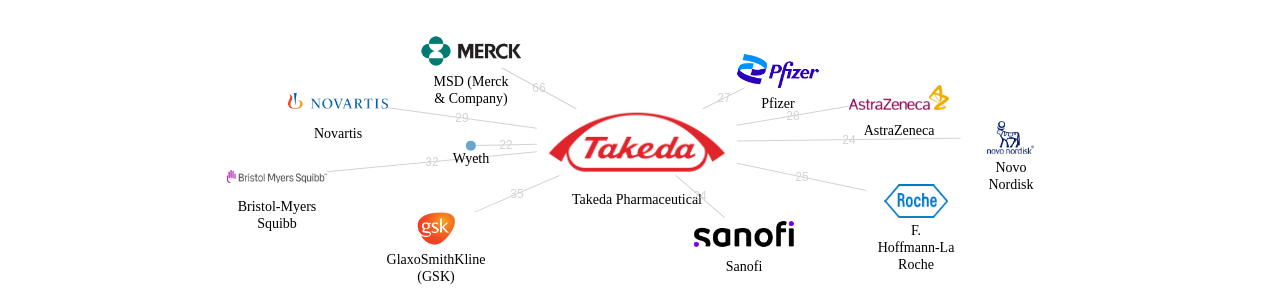 Takeda Pharmaceutical 보유 US 특허가 인용reference하는 선행 특허 보유 기업 네트워크 데이터 기준일 20240101 그림