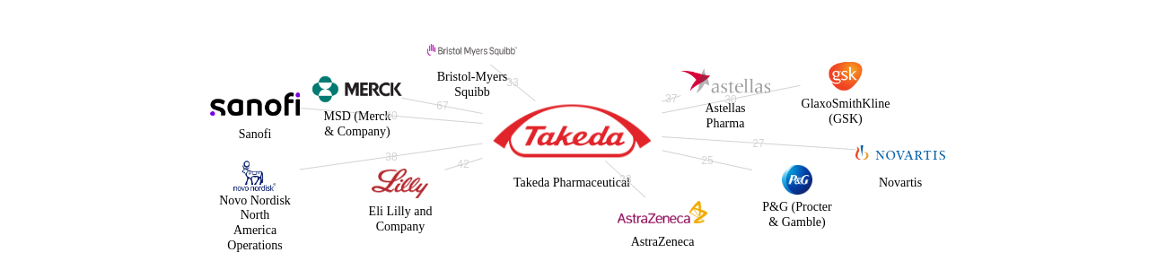 Takeda Pharmaceutical 보유 US 특허를 피인용forward citation하는 후행 특허 보유 기업 네트워크 데이터 기준일 20240101 그림