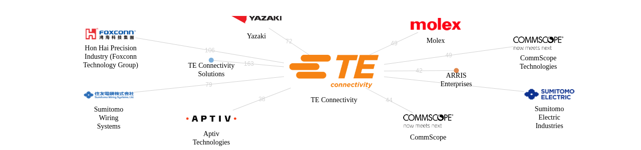 TE Connectivity 보유 US 특허가 거절시키는데 사용된 후행 특허 보유 기업 네트워크 데이터 기준일 20240101 그림