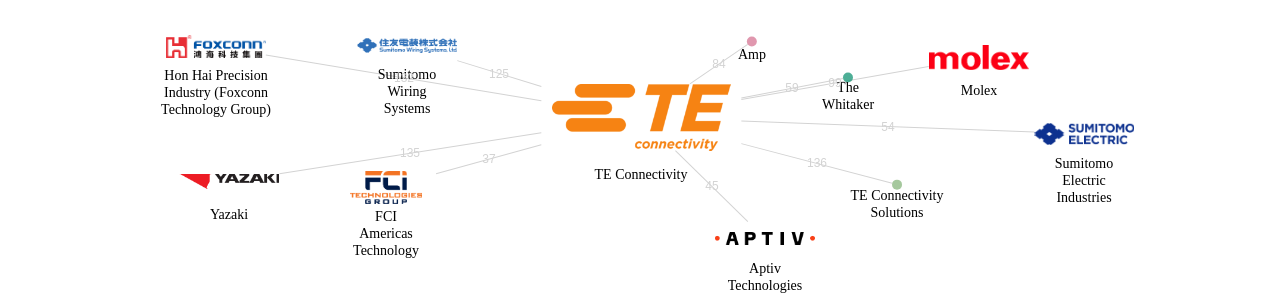 TE Connectivity 보유 US 특허를 거절시키는데 사용된 선행 특허 보유 기업 네트워크 데이터 기준일 20240101 그림