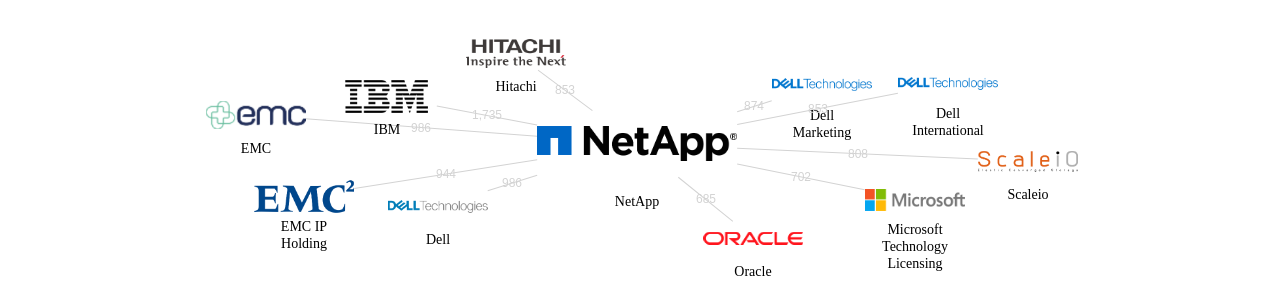 NetApp 보유 US 특허가 인용reference하는 선행 특허 보유 기업 네트워크 데이터 기준일 20240101 그림